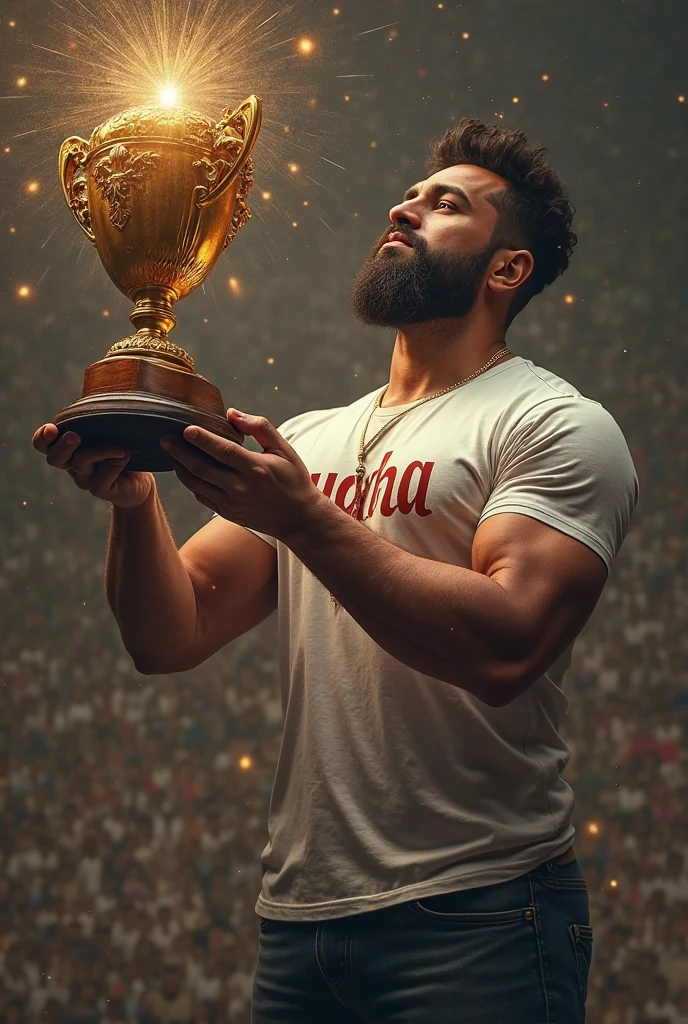 Draw a man holding a trophy in abstract with good color range 
(Deformed with triangles and other figures)