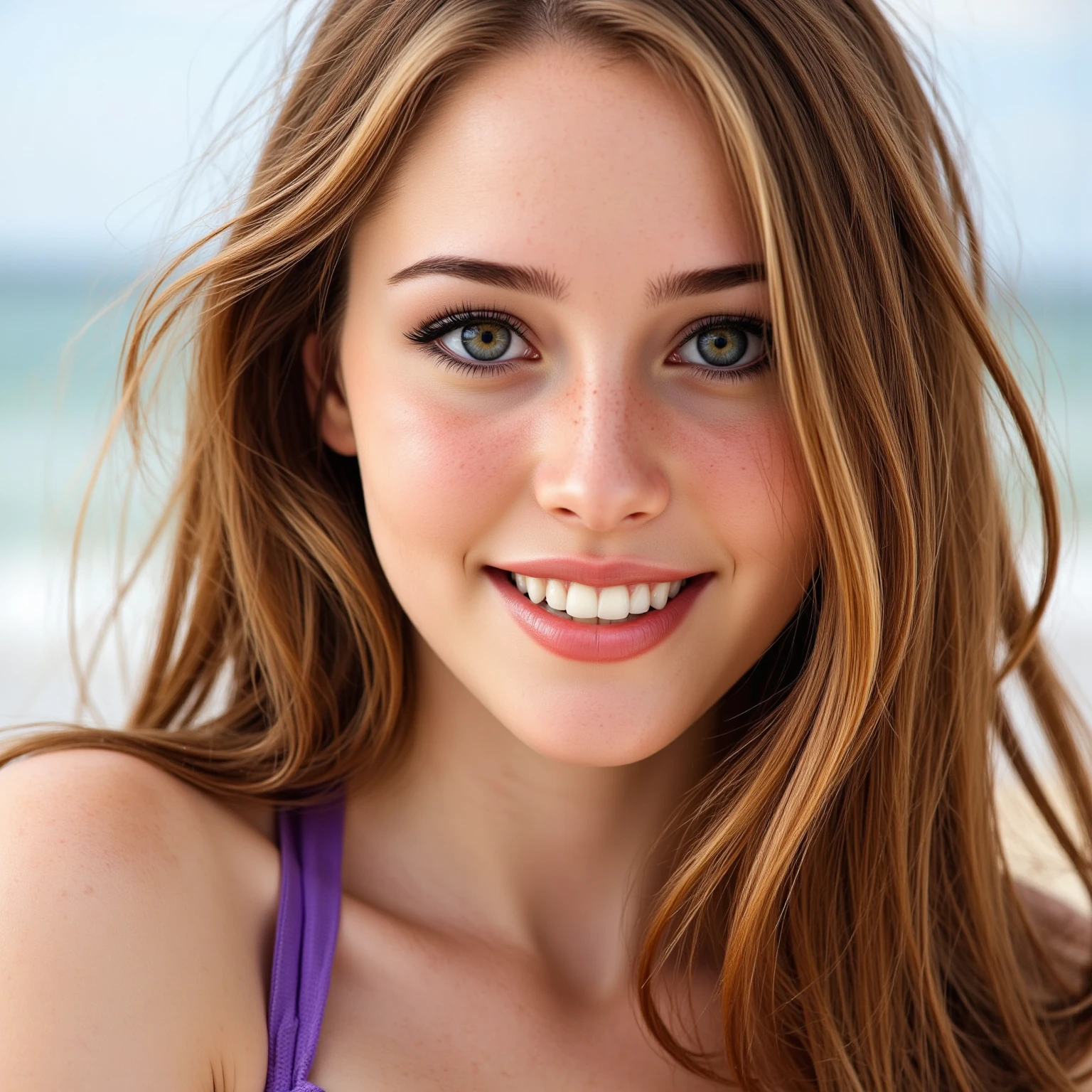 generates photo images of a very beautiful woman with a thin visa blonde with blue eyes light freckles a bright complexion a pretty smile with a thin waist long, slightly wavy hair