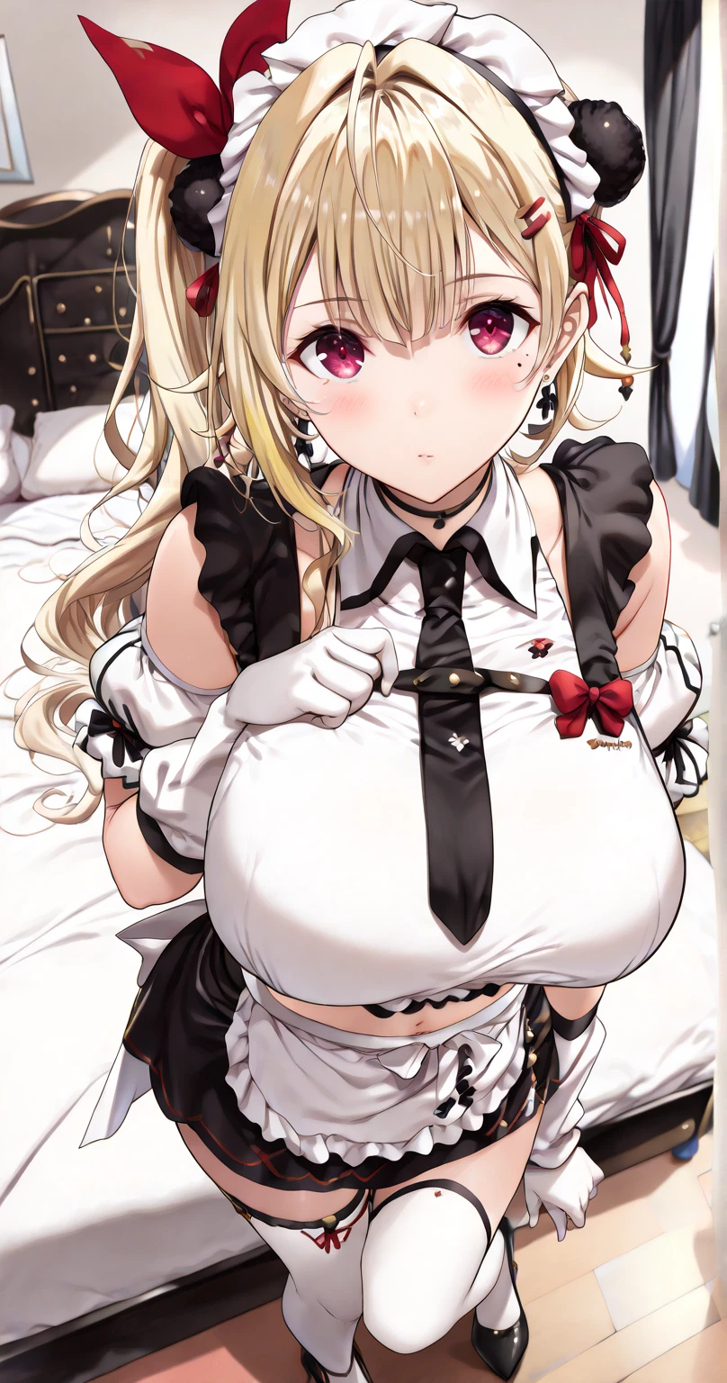 (best quality, high resolution, anime cels style:1.2), super pochaco, curvy, 1girl, beautiful face, (huge breasts:1.4), (maid outfit:1.2), (upskirt:1.1)