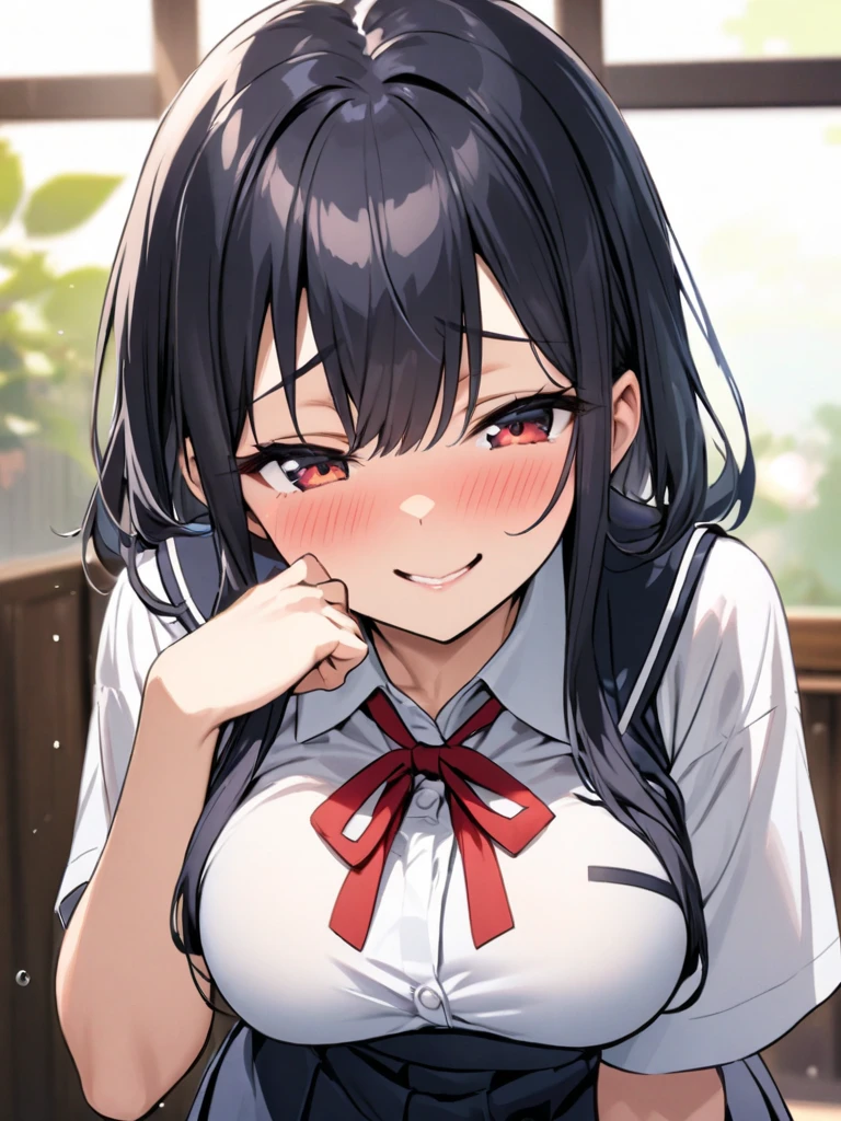 (eating style) (solo:2, 18 yo straight black hair long hair cool dominance girl, sexy red eyes, cute open mouth, use chopsticks, Eating natto in mouth, happy smile, big tits), (in a summer school blouse), break, in the livingroom, BREAK, perfect anatomy, masterpiece, best quality, 16k, beautiful detailed grow, daydreaming expression.