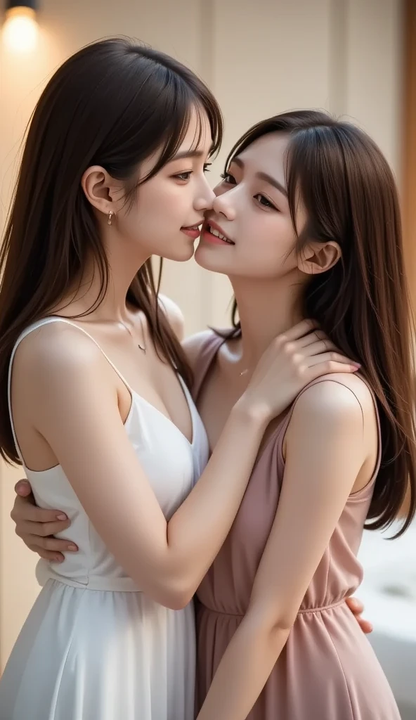 masuter piece, best qualtiy, ((realisitic)), 8K picture quality, (((twin sisters))), extremely delicate and beautiful, magnifica, Official art with attention to detail, Ridiculous, unbelievable Ridiculous, (Put the head in the frame), huge filesize, ultra-detailliert, ighly detailed, (Cute little girl s), (Petite and pretty girl), (Korean beauty), ((Perfect female figure)), Slim waist, brown haired, White camisole dress, ((Hugging and light kiss in front of the fountain)), ssmile
