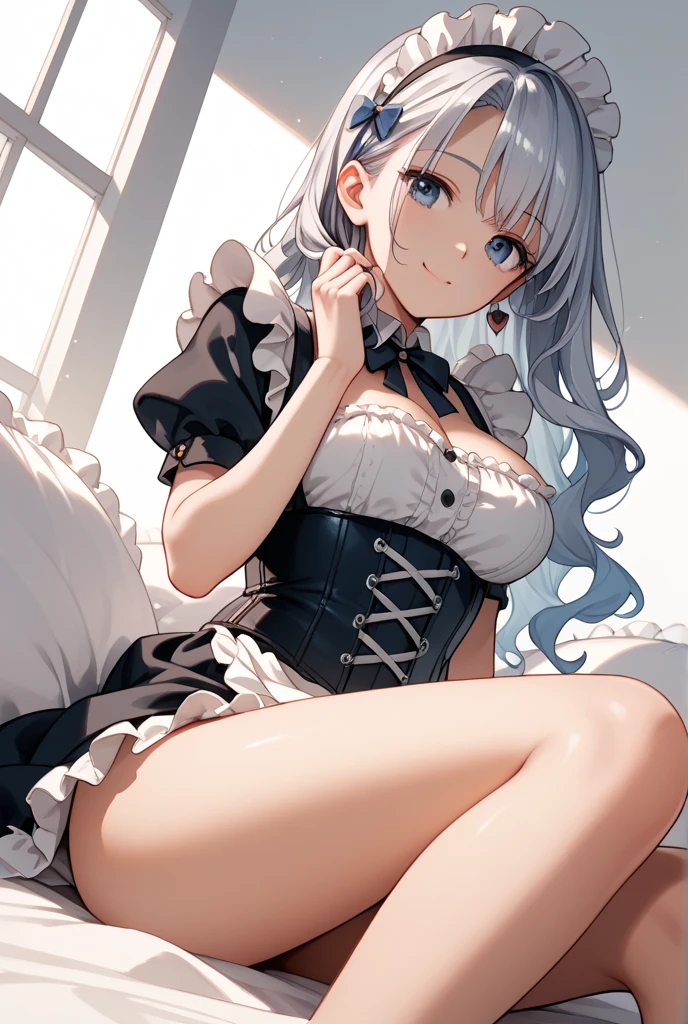 ((highest quality)), ((masterpiece)), (become familiar with), Girl with the perfect face, realistic, best quality people, ((((Light costume)))), (big breasts), Sparkling, (20-year-old), ((White string: 1.5)), (((Chest dew: 1.5)))), ((please lie down on the bed: 1.5)))), (((open your legs: 1.8)),maid、bare chest、Touching the with your hand。sweaty。 two people have sex。Half-naked。Wearing fishnet stockings,spread your legs