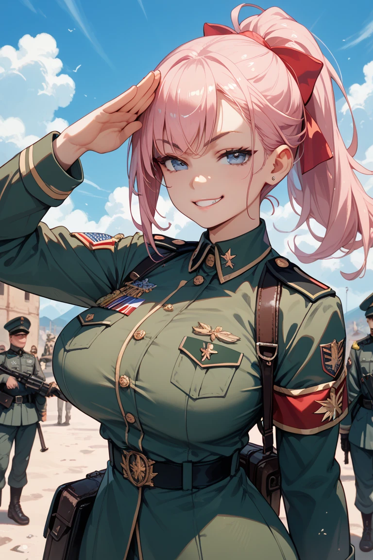 masterpiece, Highest quality, One girl, Are standing, alone, Big Breasts, Narrow waist, thick thighs black army uniform, Epaulettes, thigh boots, army uniform, army, uniform, belt, Shorts, boots, Earrings, jewelry, gloves, Knee socks, Wall Don POV, 邪悪なsmile, smile, Evil Face,, Mischievous face