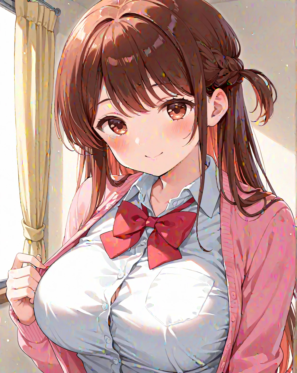 ((masterpiece)),(nude body),official art,extremely delicate and beautiful,extremely detailed CG,unity 8k wallpaper,ultra detailed,beautiful detailed eyes,extremely detailed face,on the bed,1girl,solo,full body,(portrait:1.5),looking at viewer,facing viewer,smile,Kuhouin Arisa,long wavy blond hair,sidelocks,parted bangs,brown eyes,female underwear,blazer,wing collar,red bowtie,whi,collared shirt,long sleeves,large breasts,buttons,miniskirt,black thighhighs,loafers,black footwear,Big breasts,nude,Get naked,see breasts,obscene,fullbody