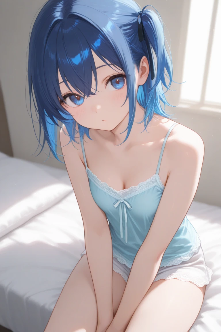 ((masterpiece)), ((best quality)), (ultra-detailed), on the bed, a cute girl, 1girl, solo, underwear00, ((beautiful eyes)), smile, beautiful blue hair