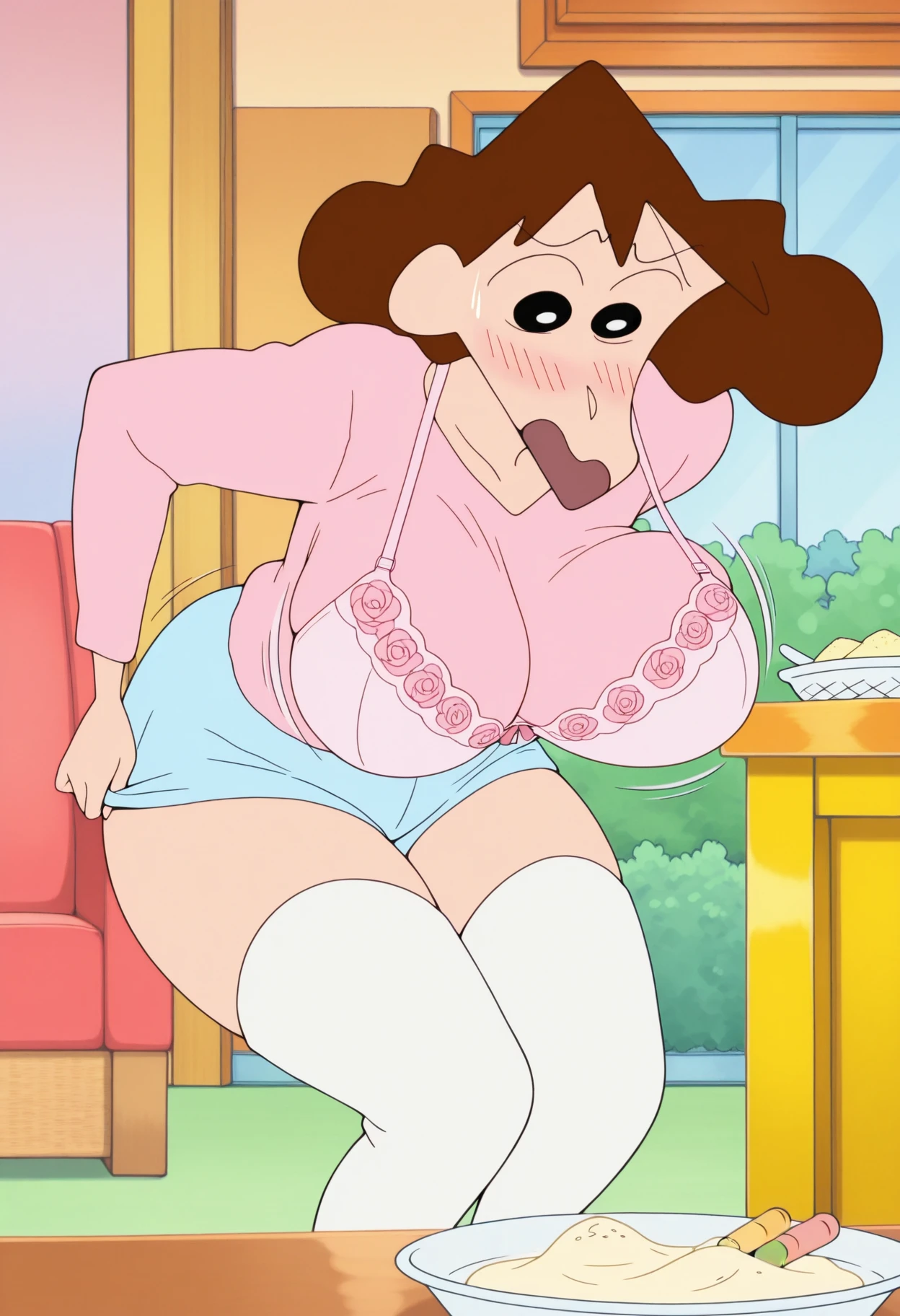 Enormous bloated expanding diaper mess, huge bloated pregnant belly, huge overflowing breast, orgasm relieved expression, tongue out, butt toward viewer, pushing butt out, pov below, pink bra