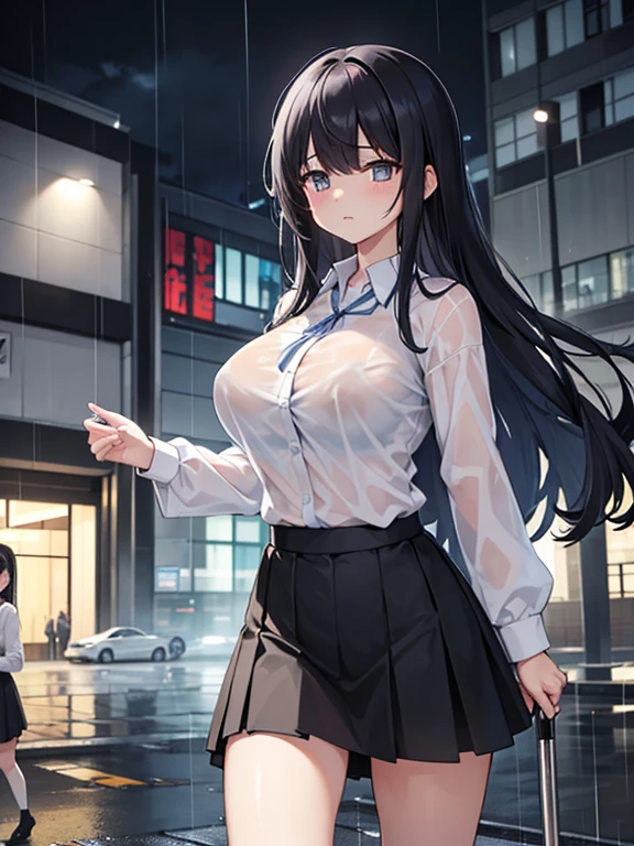 Beautiful woman, lightweight dress shirt, ((Tears))1.2, Heavy Rain, in park,