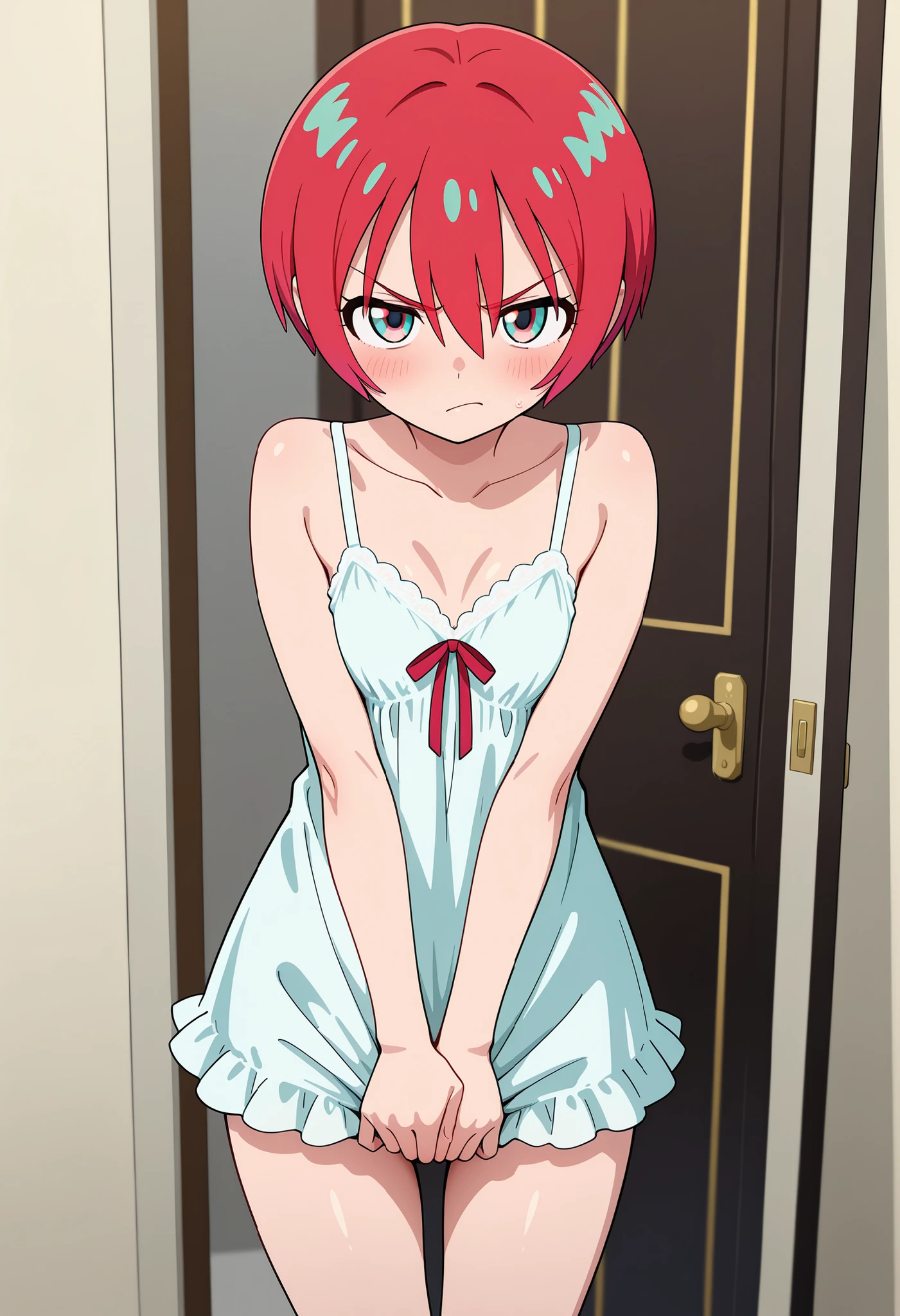 score_9, score_8_up, score_7_up, masterpiece, highest_quality, ultra_detailed, absurdres, official_style, intricate_details, sharp_line, cowboy_shot;1.3, 1_girl_focus, girl is (GQuX-amate_yuzuriha, red hair, multicolored hair, short hair, aqua eyes, multicolored eyes, half_closed_eyes, blush, scowl, negligee, standing_pose, hands_on_crotch, pigeon_toed):1.3, full_of_details, detailed_face, anatomically_correct, five_fingers, perfect_hands, perfect_fingers, medieval_structure_mansion