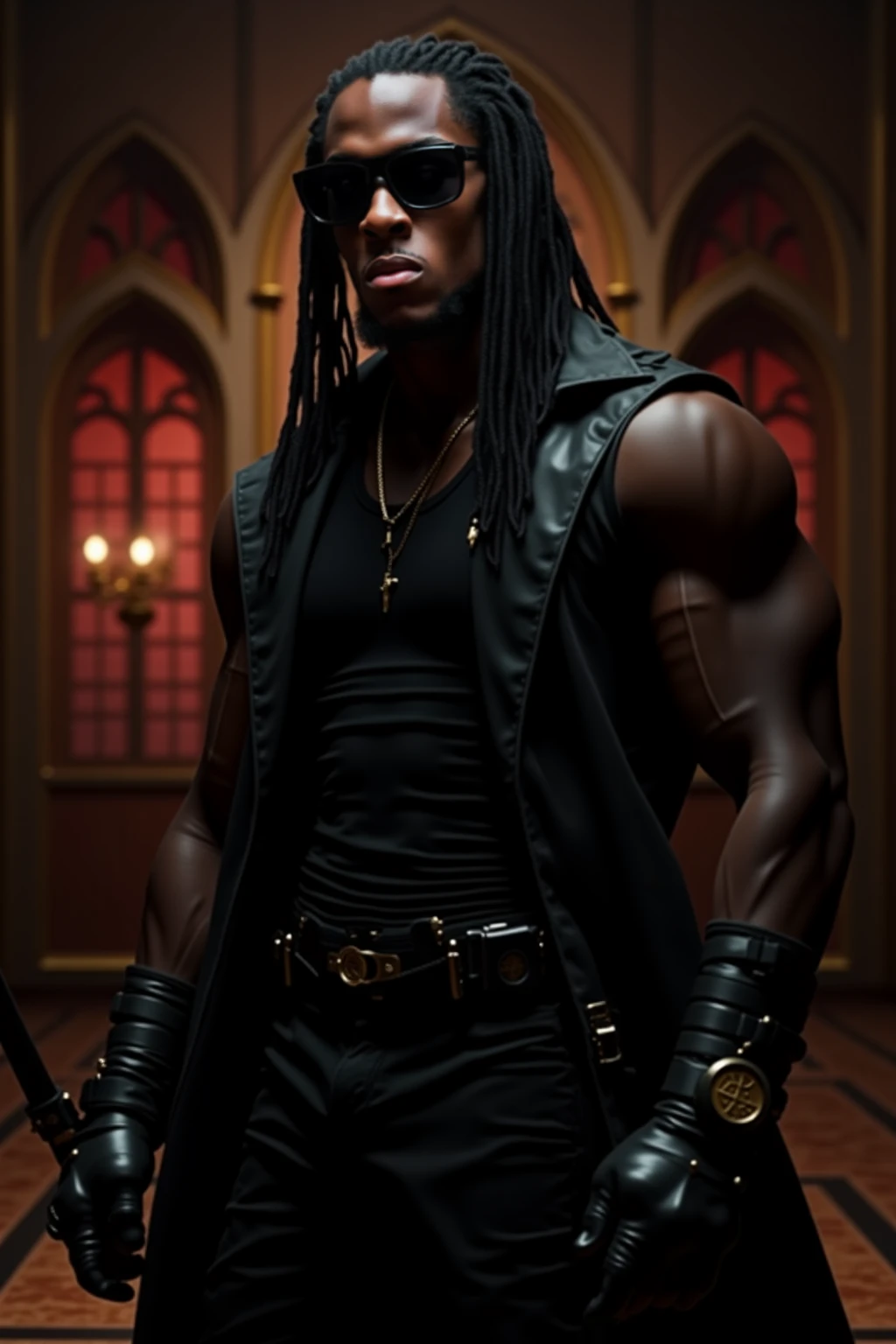 Full body image of a 17-year-old young man with dark skin, with 1,90 m tall and the power to control chains an athletic body. Ele tem cabelos blackws cacheados de dreads brancos e uma faixa turbante de baixo do cabelo, olhos blackws brilhantes. Your skin is black and black, blackw.  camisa regata branca com blackw e um casaco por cima blackw com detalhes em branco e com um capuz, black pants with white seams at the knee, with chains, stylish black military boots full of belts and chains, 