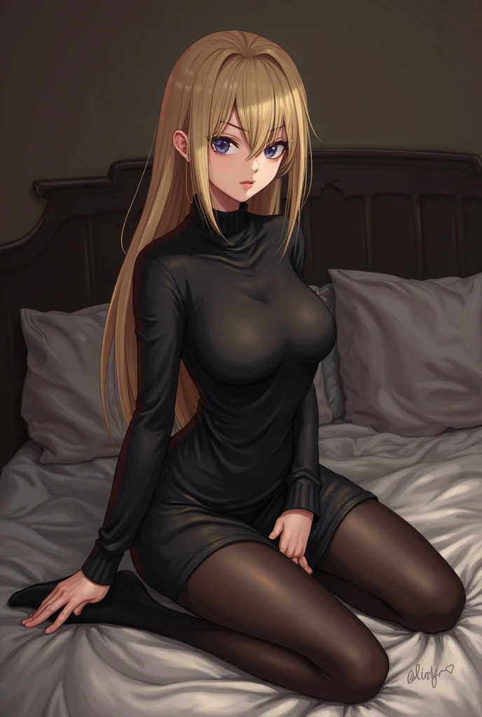 (masterpiece), detailed illustration, dynamic angle, ultra-detailed, illustration, 1girl, , (long blonde hair), green eyes, bright eyes, (extremely detailed eyes:1.37), medium breasts, cleavage, nice thighs, toned body, athletic body, (short tight leather dress), (thigh high leather boots), modern bedroom, luxury condo, aroused, anxious, sitting on bed, holding pink panties