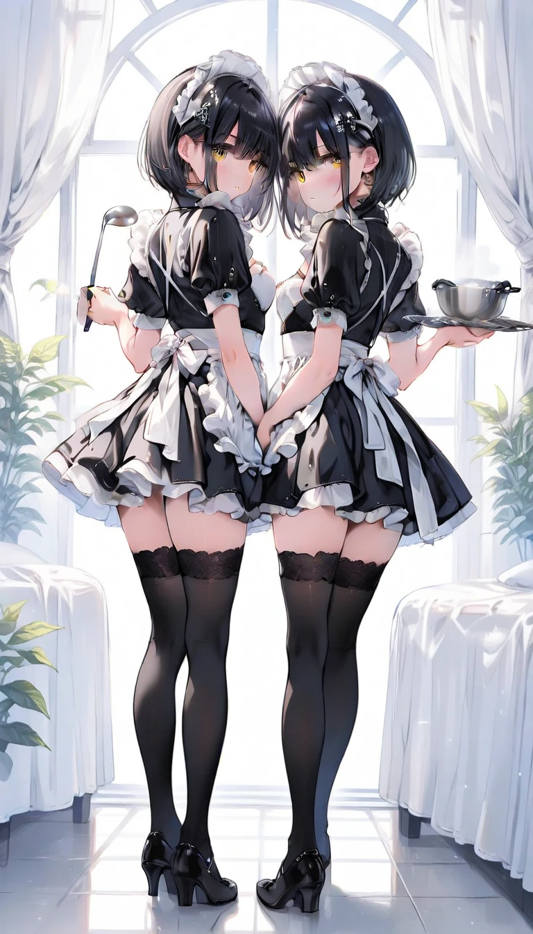 highest quality, masterpiece, ((2 girls:1.5)), ((smile:1.3)), (blush:1.3), Black Shirt, blouse, ((fun!!)), (Small breasts), Blonde, (Long sleeve), ((White apron:1.5)), ((Maid)), ((hair ornaments)), Kamimei, look at me, ((in house:1.5)), Taking a break from watching the audience, Cowboy Shot, (skirtlift:1.3), (Highly detailed pink striped panties:1.3), (Highly detailed panties:1.3), (skirt that rolls up:1.3), (Panties fully exposed:1.5), Light blue eyes, long hair, Glowing Eyes
