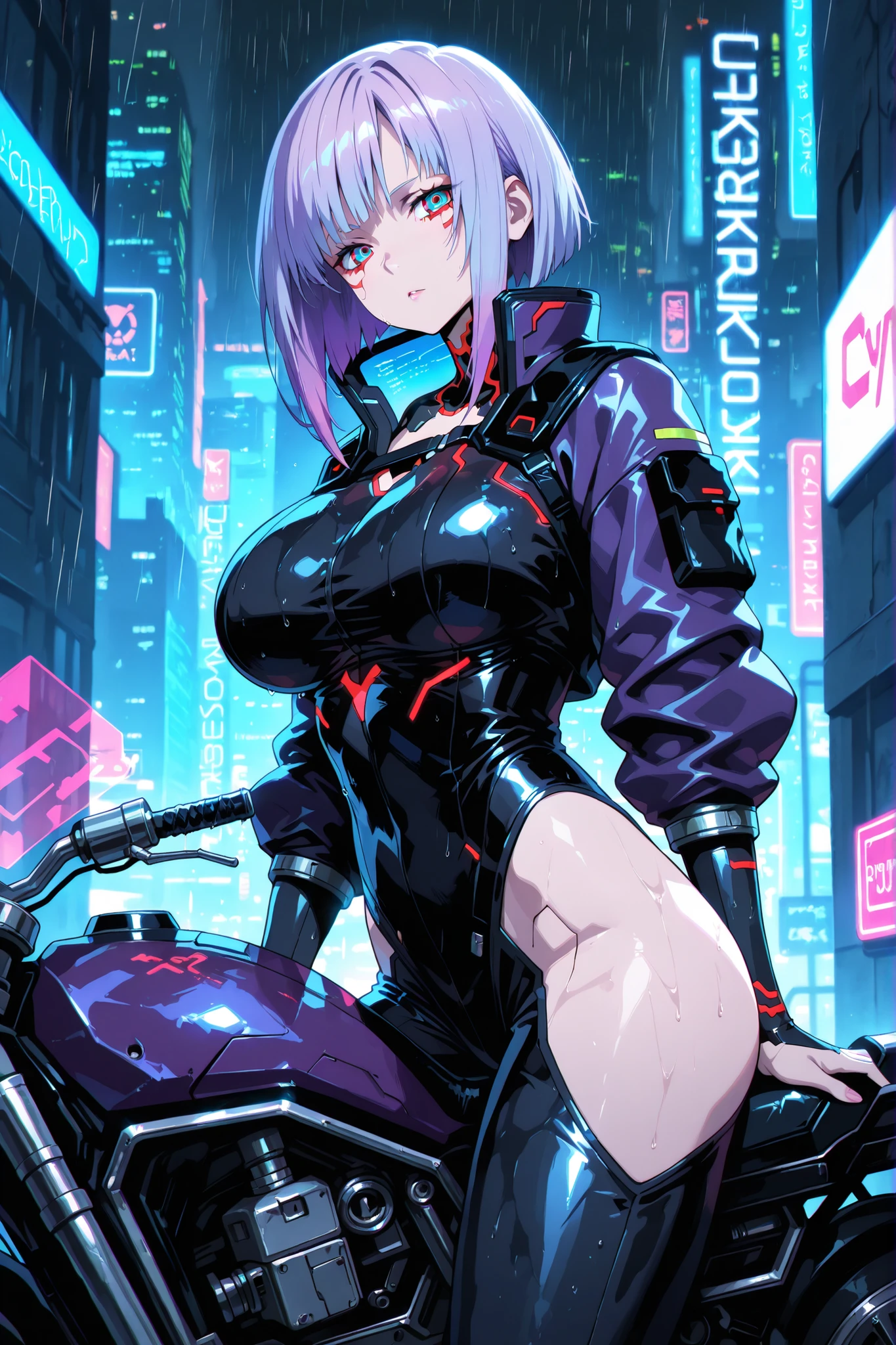 cyberpunk 2077(masterpiece, best quality:1.2 a girl, Solo purple hair, big breast, wear a cyberpunk suit rides a futuristic cyber-robot-motorcycle through a rainy cyberpunk city.