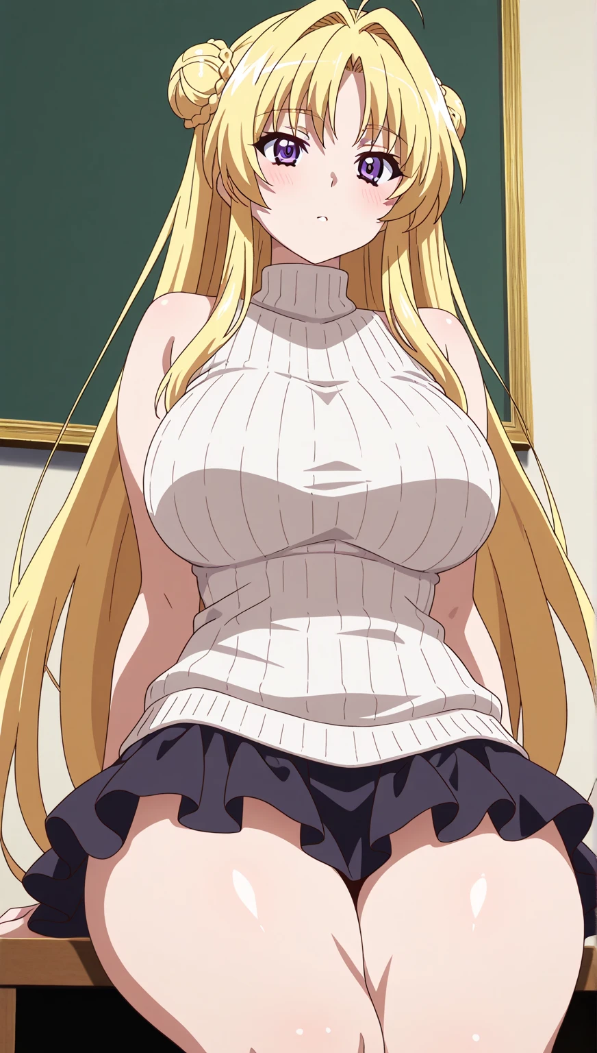 A beautiful woman with long dark blonde hair, big breasts, and beautiful legs is wearing a tube top with bare shoulders and a miniskirt, and is standing there with a blushing and stunned expression on her face.。