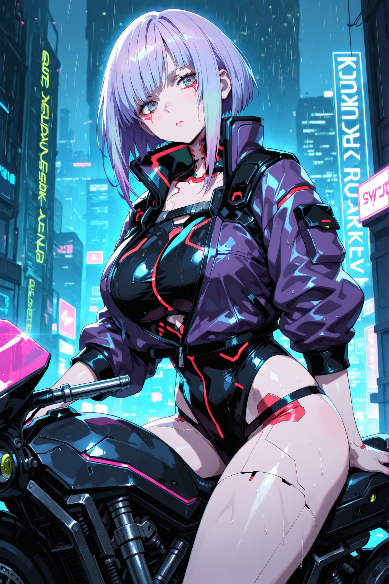 cyberpunk 2077(masterpiece, best quality:1.2 a girl, Solo purple hair, big breast, wear a cyberpunk suit rides a futuristic cyber-robot-motorcycle through a rainy cyberpunk city.