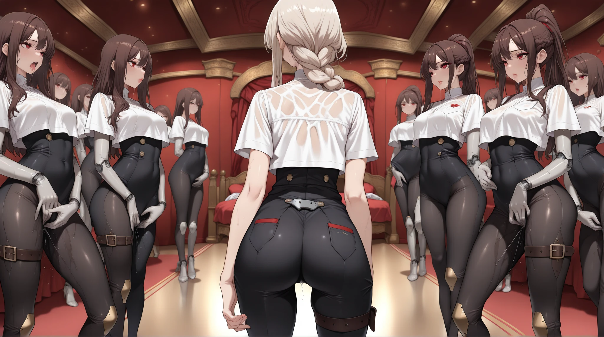 (masterpiece), (best quality), (high res) 2boys, (perfect anatomy) (perfect face) anime boy, (crossdresser), medium dark brown hair, red eyes, brown skin, wide hips, narrow waist and thick thighs, flustered, brushing, standing in space, flat chest, (full body suit), (visible bulge), (skin tight space green quantum space suit) man, fair skin, white hair, yellow eyes, in outer space, (gay sex) (kissing) (French kiss) (kissing each other)