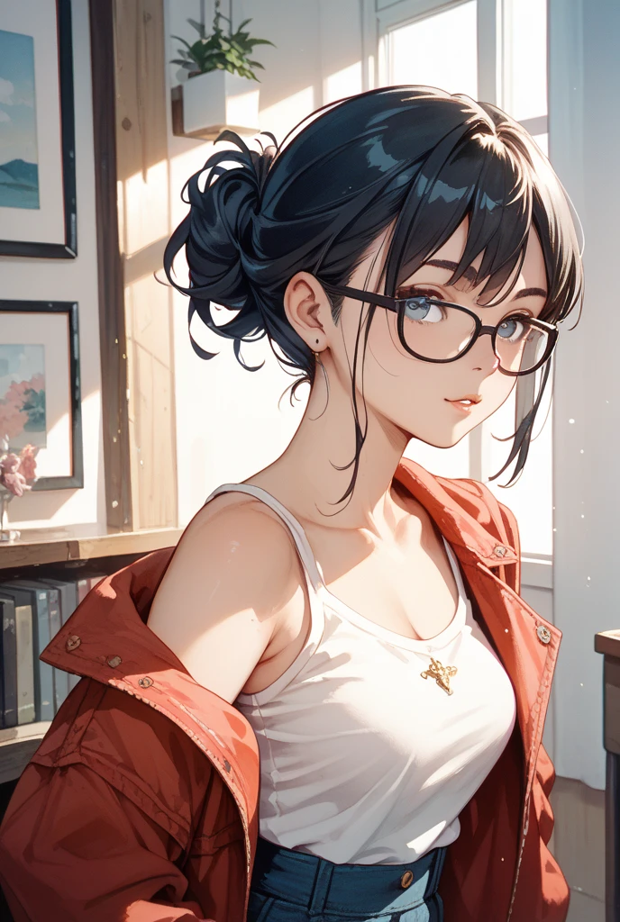 Ninja girl, a red haired , wearing a black sumo armor, long hair, fasion hair, samurai armor, slim body, shirt ornament, hakama, tall 165cm, 22yearold, samurai, katana, female, beautiful, vilian face, wearing glasses