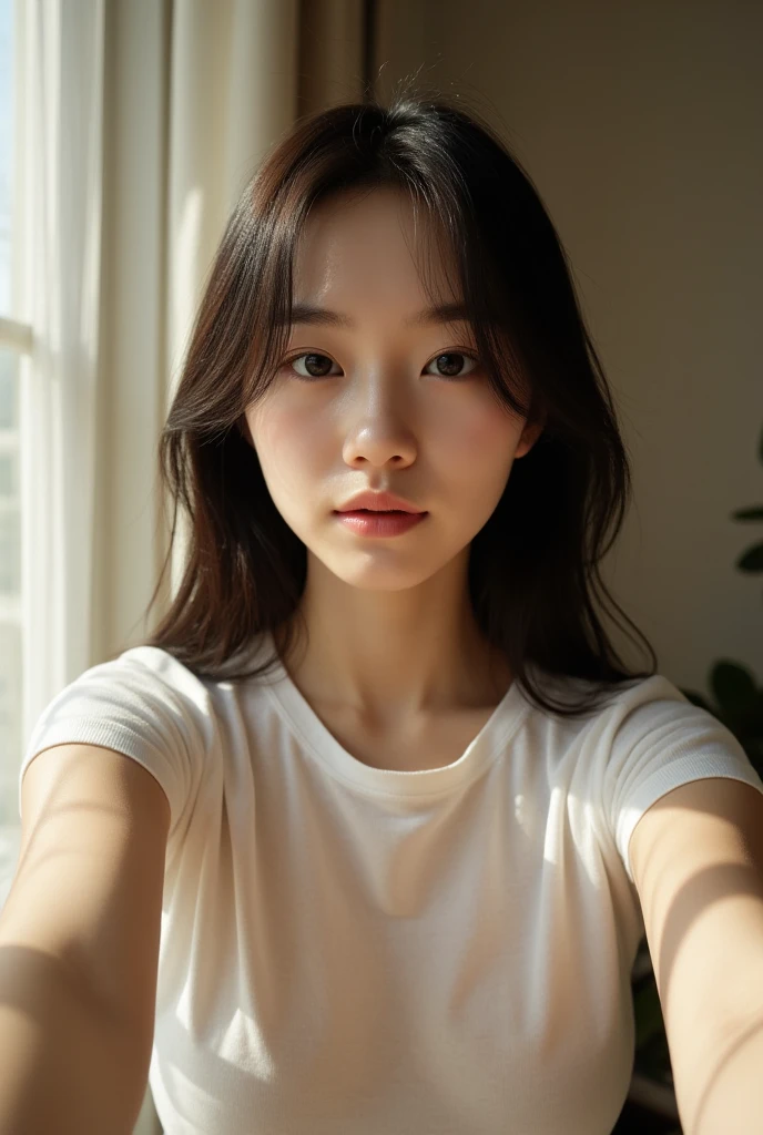 Japanese women、bedroom、Selfie、myself reflected in the mirror、fair skin、Big Breasts、single eyelid、Year: 35、Moderate、T-shirt、wedding ring