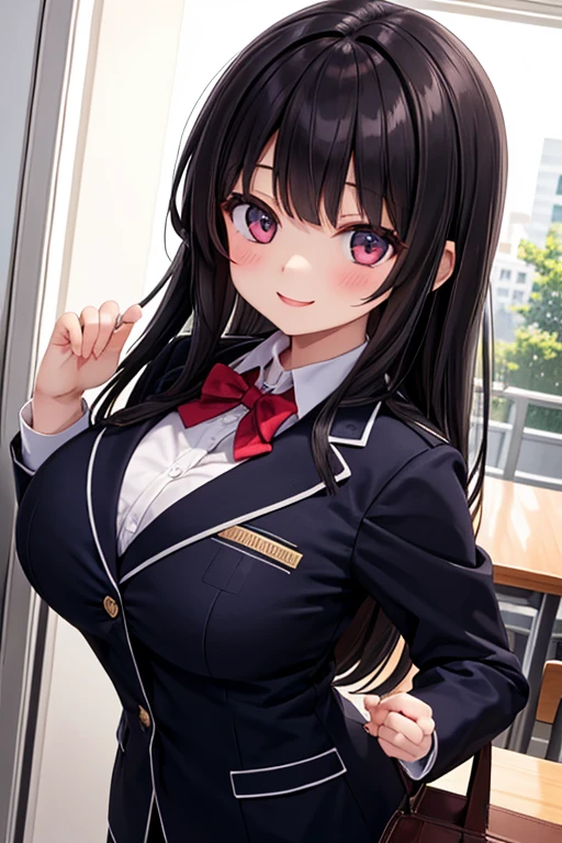 Yatogami tohka, school uniform, blazer, cleavage, medium breasts, best quality, long hair, pony tail, red ribbon hair, masterpiece, highres, best quality, blush, smile shy, sexy pose, indoor, chair, classroom, window, pleated skirt, stocking, thighhigh,