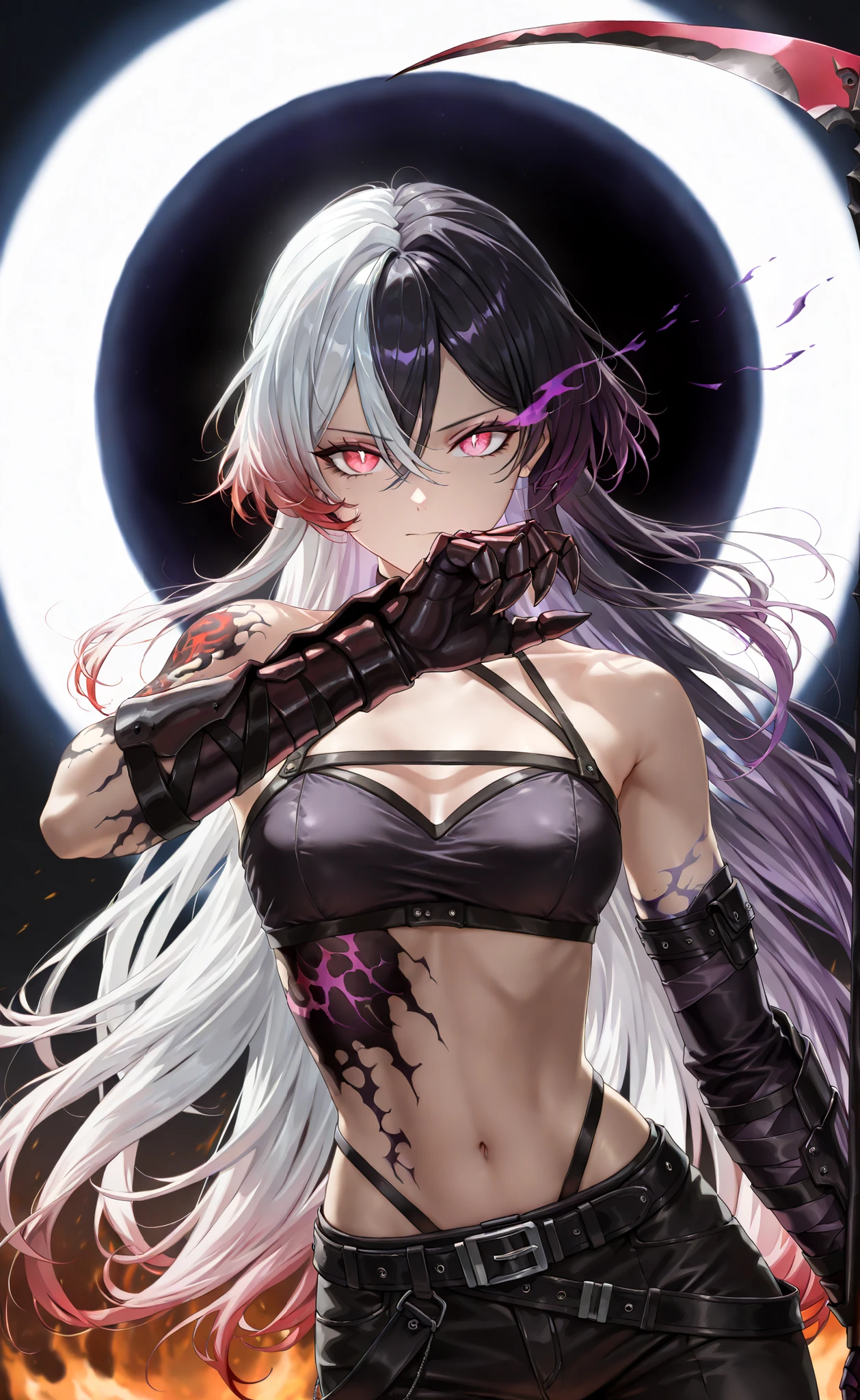 style of [arknights|(748cmstyle:0.5)], deep abyss, dark abyss, cosmic abyss, cinematic shot, mature, young adult, masterpiece, best quality, amazing quality, very aesthetic, high resolution, ultra-detailed, absurdres,
1girl, woman, solo, alone,(dynamic pose, side eye, looking at viewer, upper body focus, action shot, dutch angle, three quarter view, close up, cowboy shot:1.2), (wraith:1.44), purple accents, purple flames, SeeleVelionaNyx, red eyes, black and red hair, (multi-tone hair, gradient hair, multi coloured hair:1.55), small breasts, purple scars, purple and white hair, red and white hair, purple hair, nihility, black hole background, radiation, overwhelming aura, wielding a scythe, scythe-axe, axewoman, black and red energy, acheron, glowing hair, veiled smirl, hair covering one eye, glowing purple hair, burning eye, abyss eyes, black flame cloak, half body, multicolored hair, colored inner hair, long hair, purple flame scythe, dark purple, dark scythe, demonic arsenal, hair between eyes, darkness, abyssal, arm made of purple flame, ghostly arm, ghostly body, glowing red tattoos, exposed shoulders, claw gauntlets, golden tattoos, purple tattoos, novuschroma79 style, glitch art photo
BREAK, depth of field, volumetric lighting
 