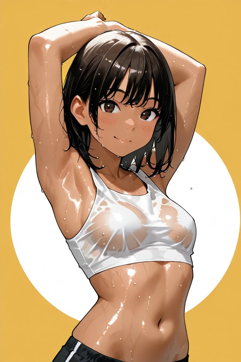 Sasaki Kanna makes a smug face, Yellow Tank Top, underboob, Sweat, Black hair twin tails, Big Breasts, Smile, Naughty smile, A foolish smile, Drooling, Sweaty big tits, Sweat dripping from the lower breast, A triumphant smile, Brown skin, Primary school students, Red eyes