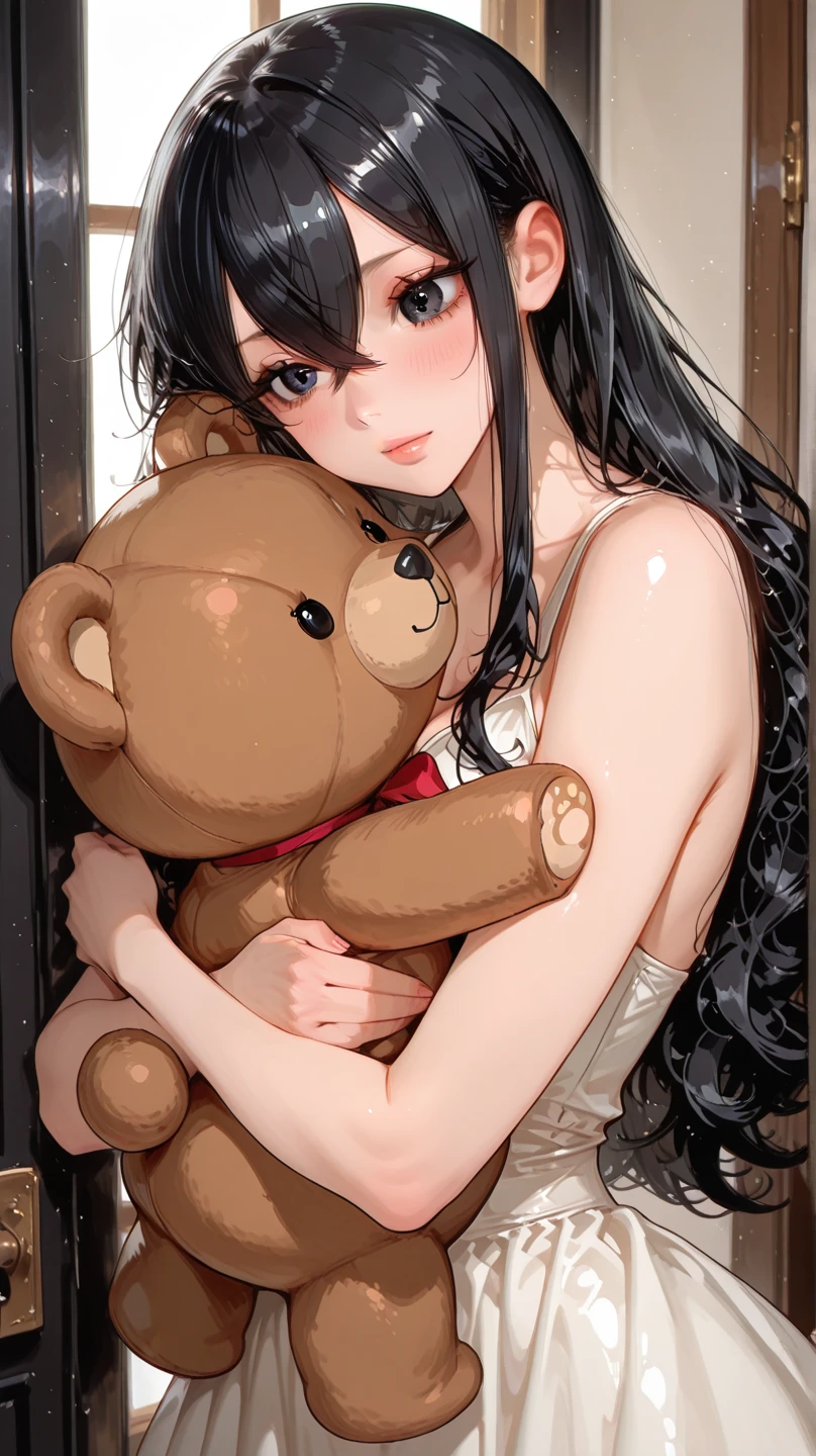 naked, small breasts, hugging bear doll, sitting, long hair,