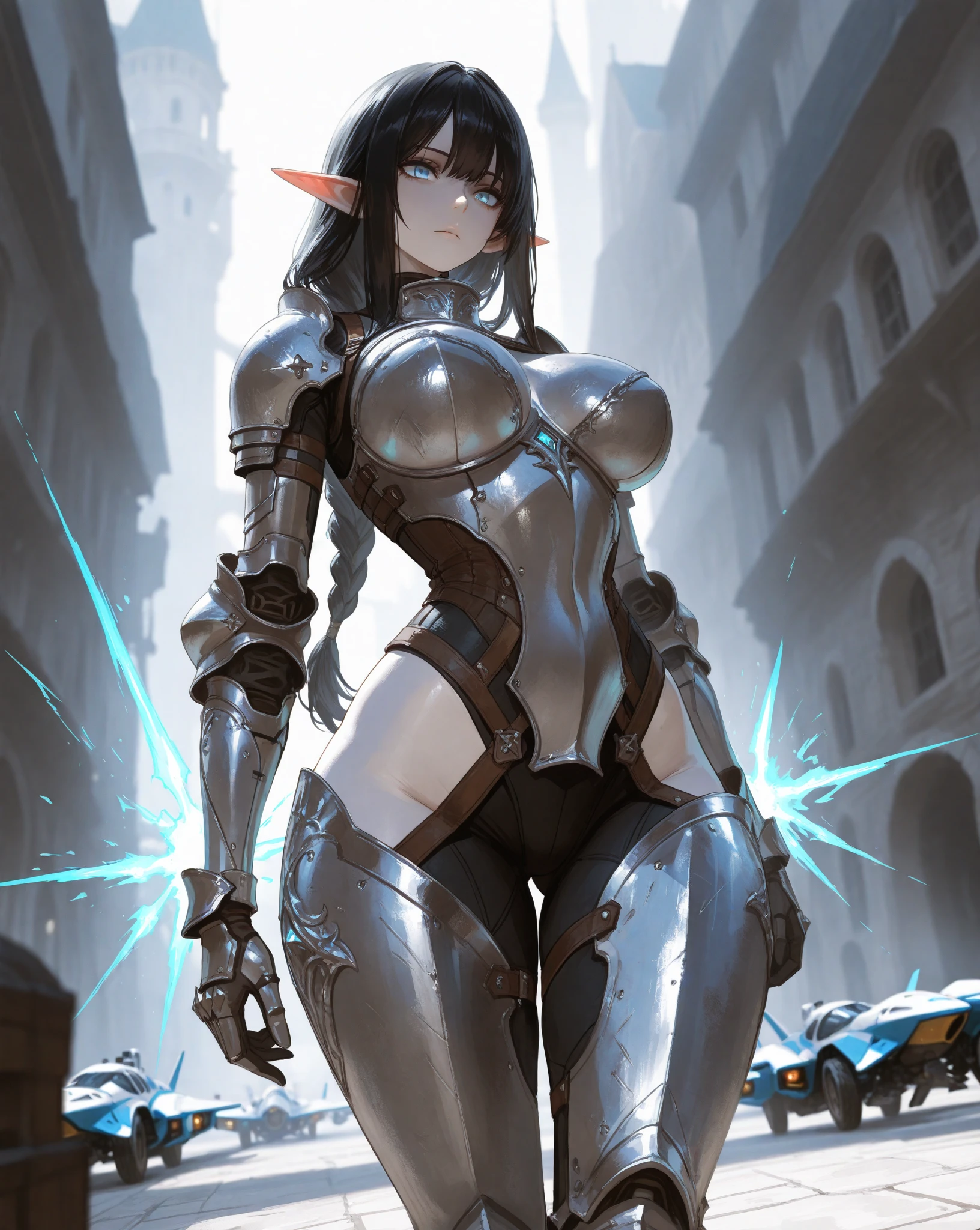 Woman's body defines thick parts of the cybernetic body of the thigh, short underwear, behind which is a tall NSFW robot