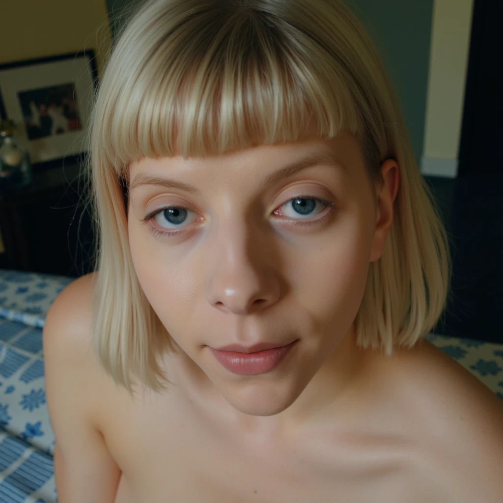 slim, Cute, bright eyes, Short blond hair, in your bedroom, looks at the viewer, shy
