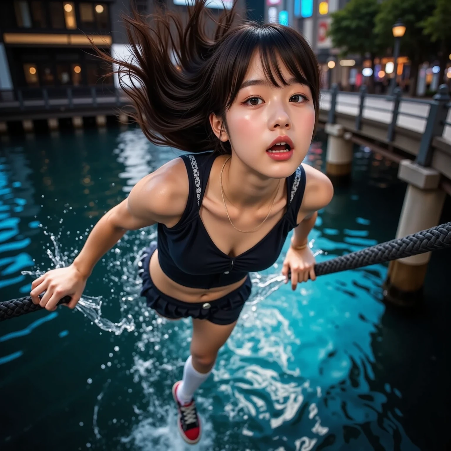masterpiece, Highest quality, (Dynamic pose:0.5), Absurd, One girl,  Fighting Pose, Punch Water, (Attacking with water:1.5) Wet clothes, Wet hair, Wet Face, Water behind a person, Multicolored Hair, (Wind:1.4)