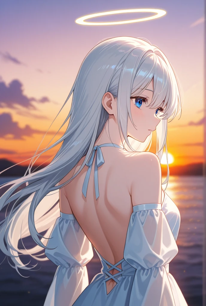 Highly detailed face, water effects、Light effects,medium breasts,pretty girl,smile,Cat ear,Beautiful silver hair,Pink inside,Beautiful pink eyes ,an orange、pink there、Yellow blends to fill the sky、The sunset over the beach is truly mesmerizing。The crystal clear sea gently kisses the shore、White sand beaches stretch everywhere。Seagulls soar high into the sky、It is a dynamic and breathtaking scene with palm trees gently swaying。Embrace a calm atmosphere、Peace washes you。