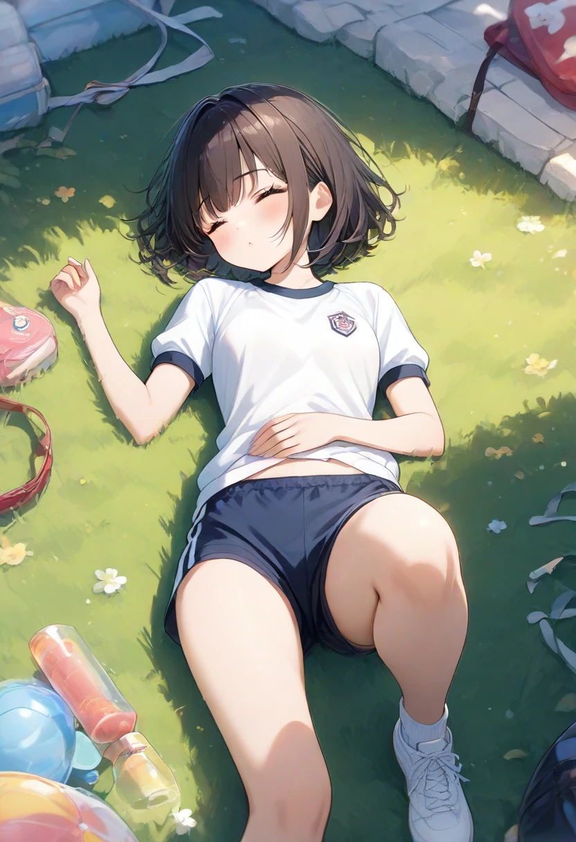 masterpiece, ultra quality, ultra sharp, ultra detailed, 1girl, solo, (((good anatomy))), haduki kurumi, (tattered torn dripping wet white gym shirt), navy gym pants, animal ears, randoseru, name tag, Japanese anime pose, laugh, BurumaShorts, Buruma, Gym Uniform, (((lying:1.4, spread_legs, legspread, split_legs, spreading legs)), (randoseru backpack:1.4), (smirk smile), buruma, blue buruma, black buruma, (cameltoe), (tattered torn short sleeve white gym uniform with colored hem), (tiny nipples), (white long loose socks), strong lighting, legspread, bukkake, cum on clothes, cum on legs, cum on buruma, cum on bloomers,