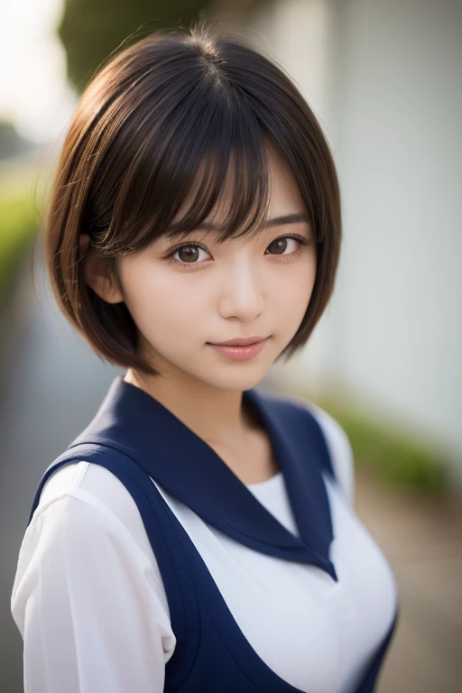 Highest quality, Face Focus, Soft Light, Ultra-high resolution, (Realistic:1.4), RAW Photos, 1 Japanese girl, With two people, cute, (A shy smile:0.7), (Brown eyes, Light in your eyes), Beautiful face in every detail, (Small box),(High resolution detail of human skin texture), (Short Bob Hair), land, land競技, uniform, whole body,