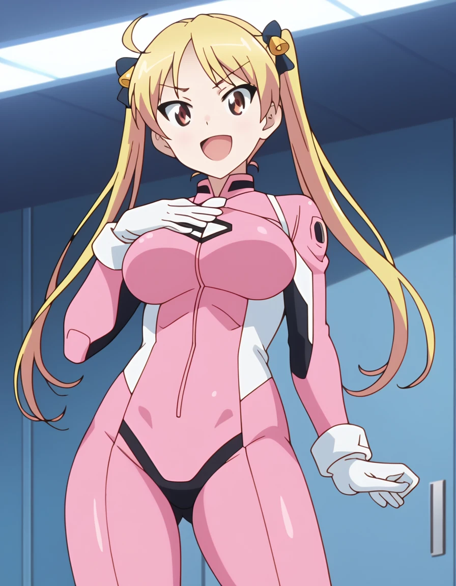 Hibiki Sakura, standing, pose,smile, curvy, medium breast, muscle girl, full body suit, full body, super hero costume
