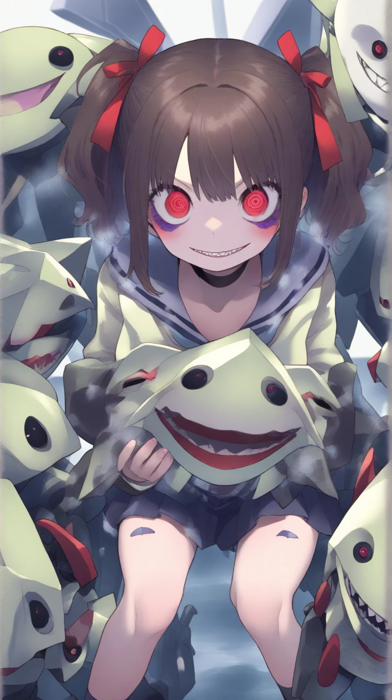 masterpiece,best quality,Full of smiling faces,Black all over,It's a spherical black monster.,The body is dripping down like asphalt,Has a big mouth that accounts for a large proportion of the body,There's a laser cannon barrel inside.