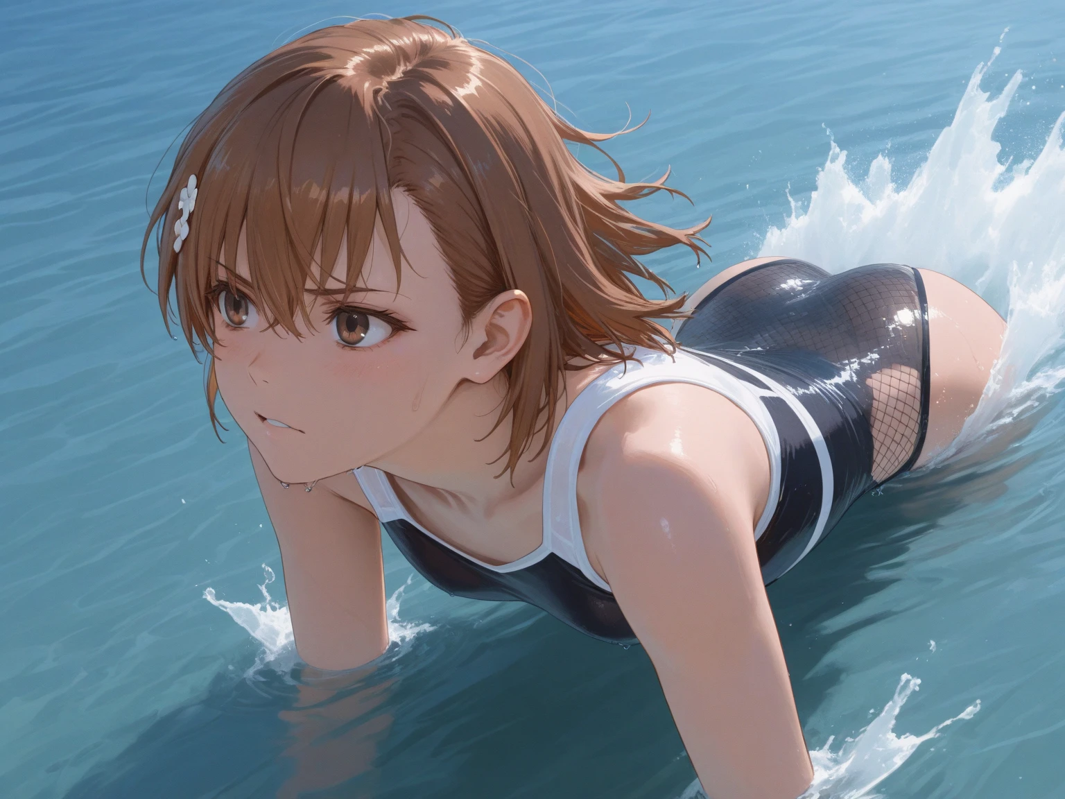 (Highest quality、Very detailed、Very detailed and beautiful、Ultra-high resolution) 、In the water、Swimming girl、{Brown Hair、short hair、Wavy Hair、Curly Hair、Low Twintails}, White one piece swimsuit、Competitive swimming suits