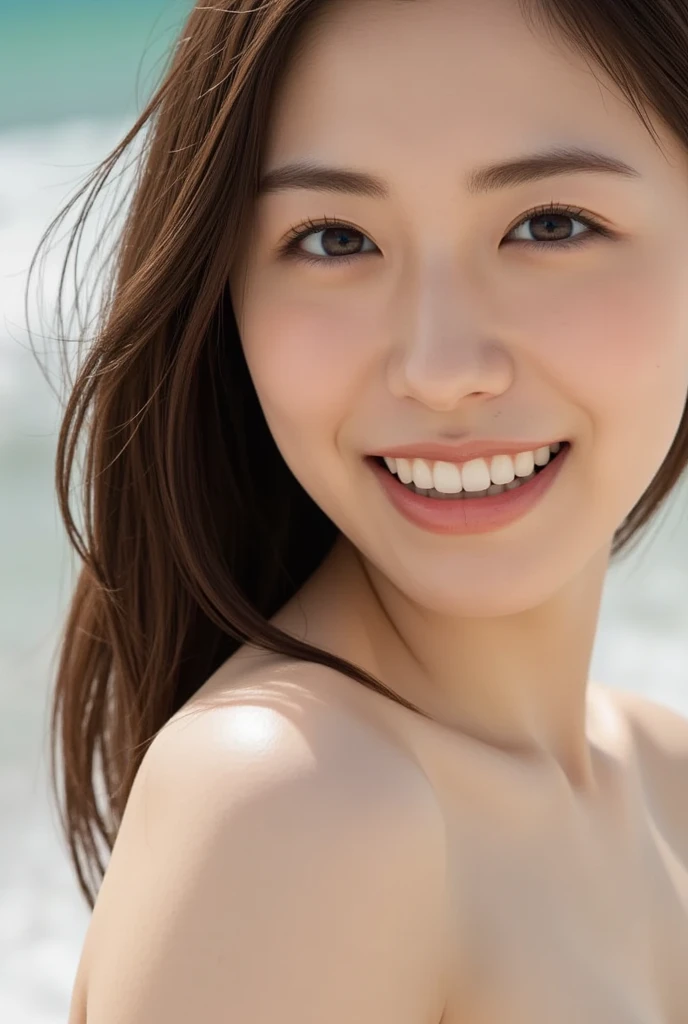 The face of the hostess、White bra、White panty、beauty legs、hiquality、A hyper-realistic、healthy、Smiling expression、Slender perfect figure、Japan Beauty、 perfect eyes、Beautiful skin、enticing、White sandy beach