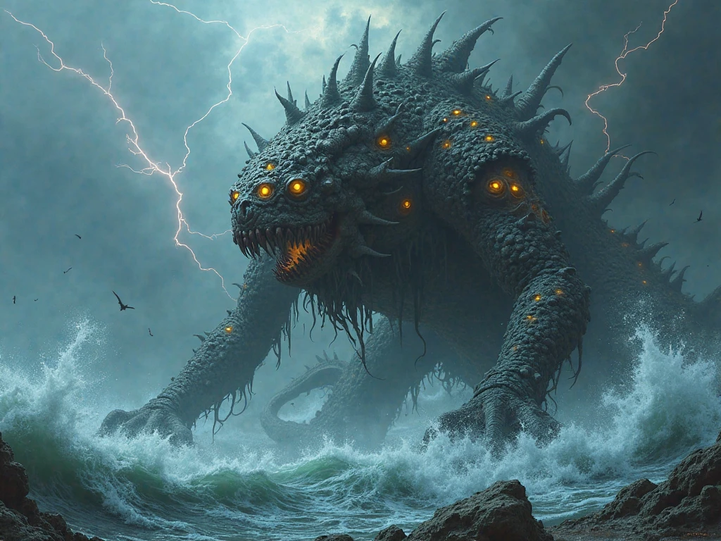A colossal decayed sea demon from Celtic mythology, rising from stormy ...