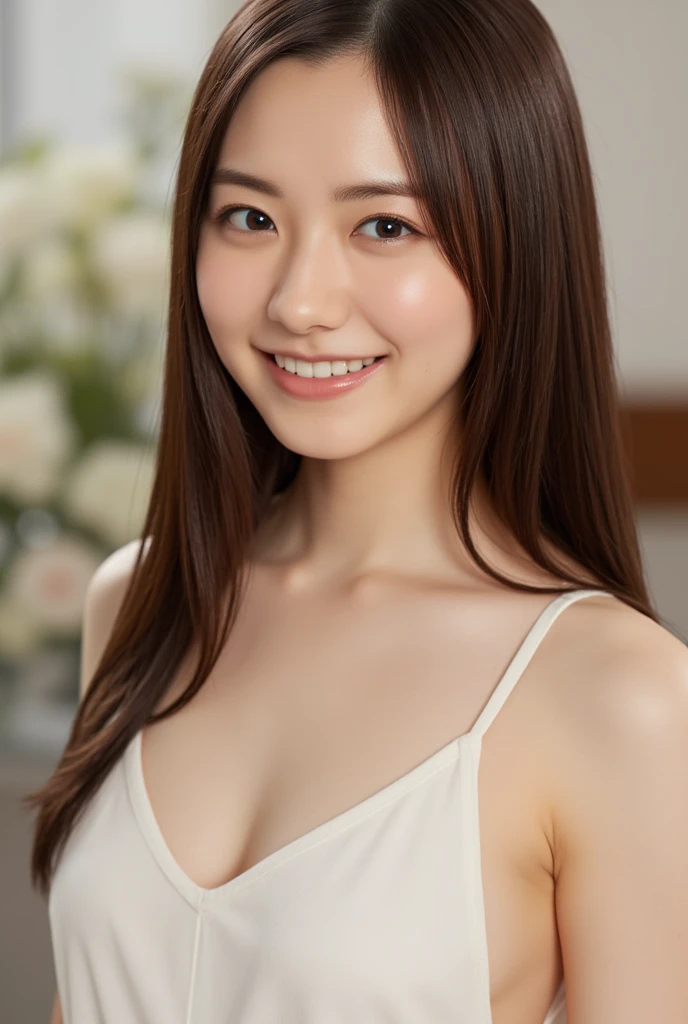 (Highest quality、Tabletop、8k、Best image quality、Award-winning works)、1. Cute girl、(Naked with a white apron:1.2)、Perfect girl portrait photo、Glowing Skin、Brown Hair、(Cleavage:1.1)、Standing Elegantly、(Face close-up:1.2)、Woman looking up at me、Cute Smile、(The simplest beige background:1.1)