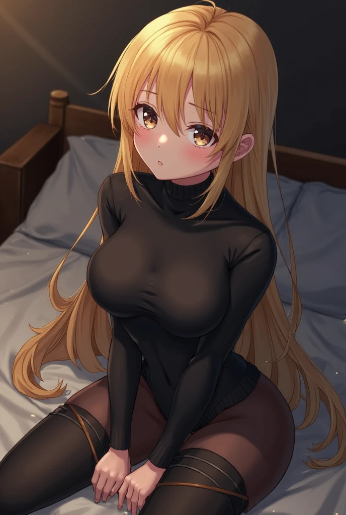 anime, black pencil skirt, black long sleeve top, put your hands behind your back, restrictions, blonde hair, very long hair, straight hair, cute, slim body, thin legs, black thigh-high stockings, nylon stockings, hands in black leather handcuffs, Hands connected in a chain, amrs together, full body, kneeling, leather handcuffs, calf tattoo, large collar on neck, 18 years old, long eyelashes, mascara, cute face, bent over, top down bottom up, arms behind back, on your knees