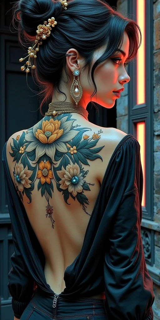 masterpiece, best quality, ultra-detailed, highres, detailed, a woman, Back Tattoo, colorful tattoo, 