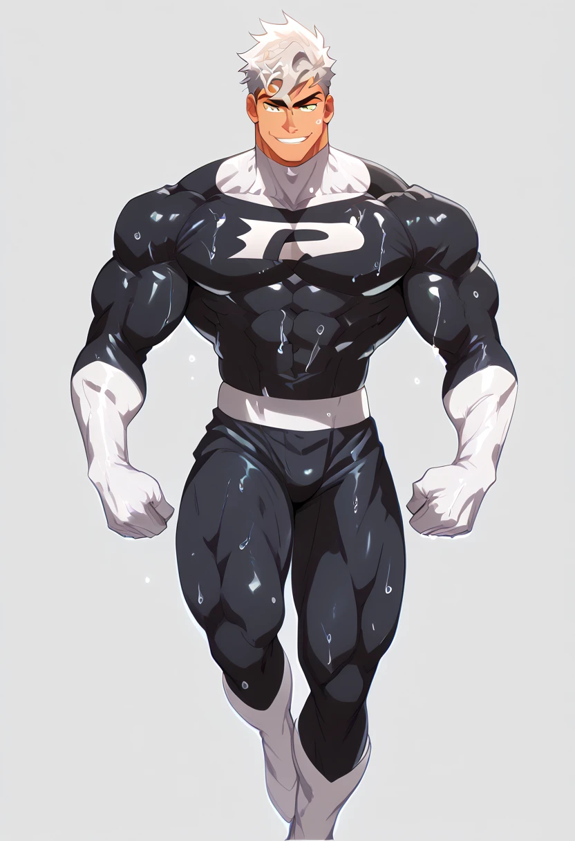 Allad man in white and black clothes standing on the sunny seashore, American round head, Buzz Cut, tall and burly, muscular male hero, heroic male pose, muscular! Wearing black sunglasses, spandex tight high elastic bodysuit, symmetrical floral design, super buff and cool, high resolution committee, character design police, black military boots, attractive strong male with spandex tight high elastic bodysuit, weaving hot sunlight on the body