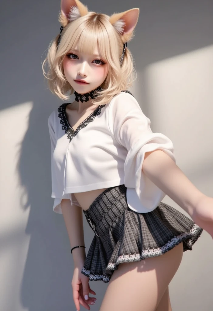 (masterpiece, highest quality:1.3), 1 cute girl, ideal ratio body proportions, blonde short hair, pink shirt, cosplay, jirai kei, bangs, black skirt, black bow, looking at viewer, bow, choker, ribbon, short sleeves, (physical education sitting, sitting with knees up, showing off panties:1.4), (picnic in the meadow:1.2),