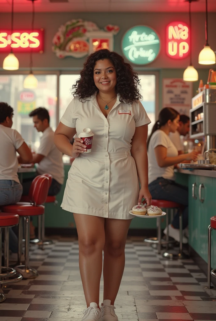ultra realistic photo of a curvy woman, longs cheveux noirs flottants, dressed in a tight red dress, leaning against an ice cream truck