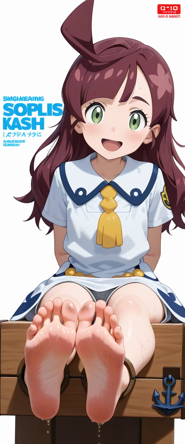 a girl sitting on the sofa，The feet were covered with dirt，Dirt - Skin, dirt stains, Detailed feet POV, Japanese cartoons,comics
