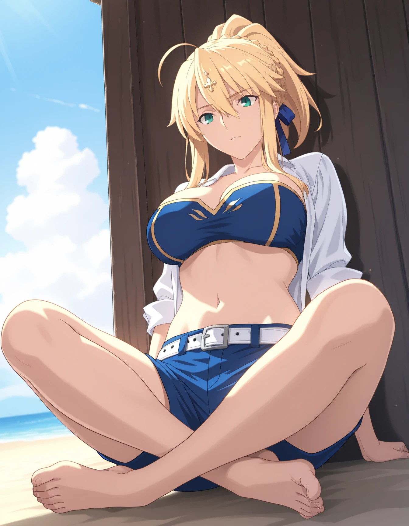 score_9, score_8_up, score_7_up, source_anime, BREAK by ikuchan kaoru, iku, clean color, flat color, anime screencap, screencap, 1girl, ((hellsing)), blonde hair, blue eyes, ((gyaru)), tomboy, oversized shirt, looking at viewer, closed mouth, ((smug smirk)), outdoors, beach, string panties, micro panties, skimpy, useless clothing