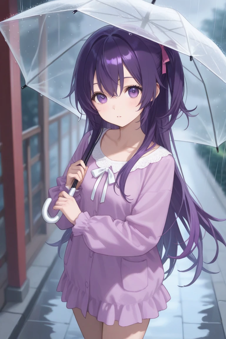 <lora:Erina:0.5>, Erina, 1girl, rabbit ears, purple eyes, purple hair, long hair, yellow raincoat, holding umbrella, outdoors, rain, looking up, smile, rubber boots, standing on one leg, masterpiece, best quality,