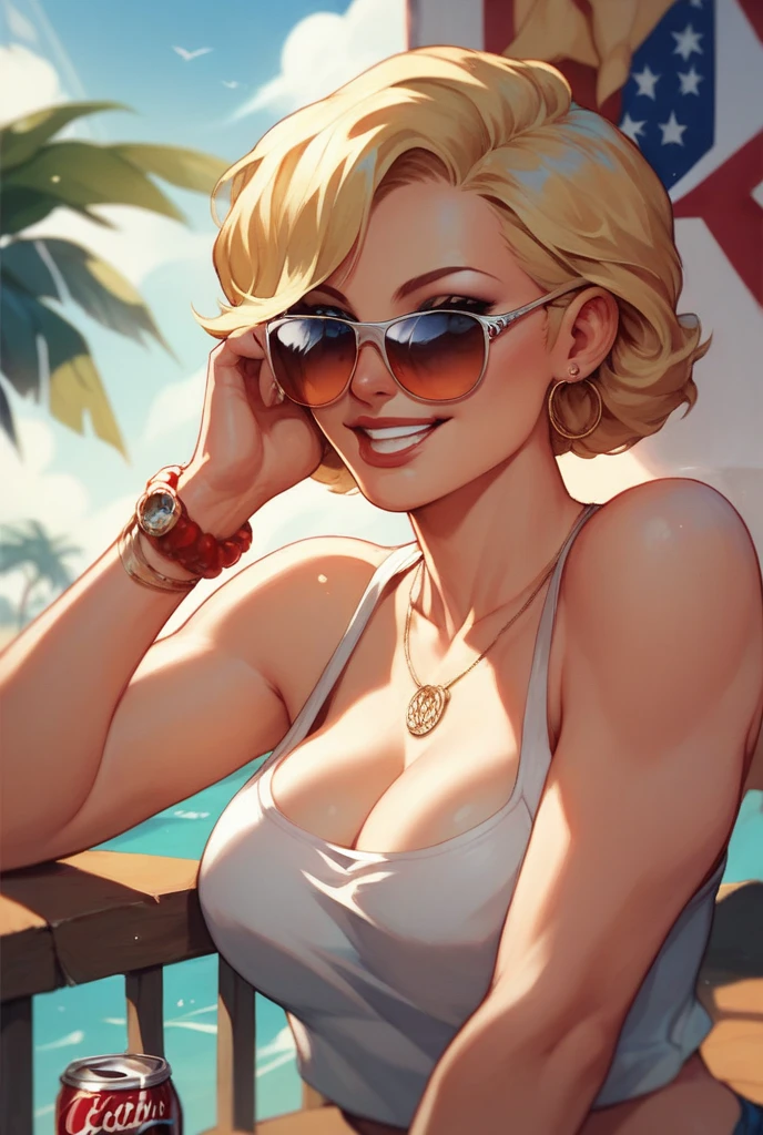 Beautiful sexy woman, black eyes, white hair, short hair, big breasts,big silver hoops earrings ,hair ponytail , lipstick ,bikini