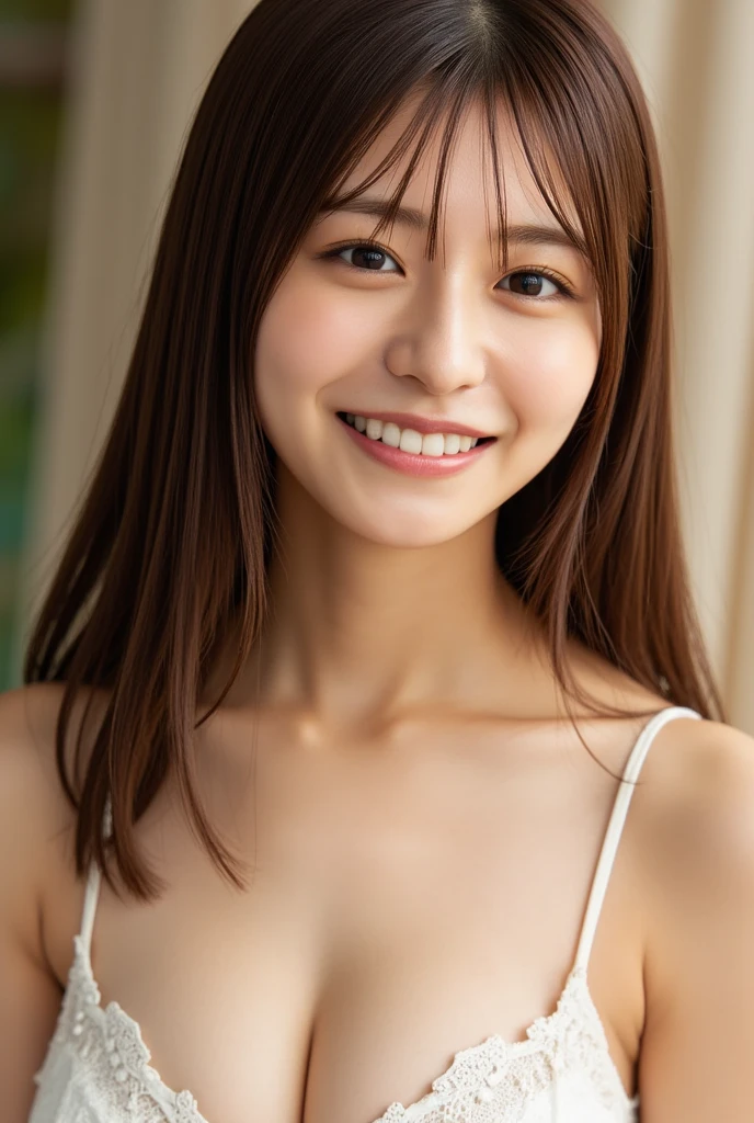 table top, highest quality, 8K, 15 year old student, Ten generations, RAW photo, absurd, award winning portrait, smile, 恥ずかしそうなsmile, open your mouth、double teeth、alone, night, neon, Completely naked、Transparent camisole、Completely naked、lavender cotton material、wide open chest、delicate girl, Upper body, Digital single-lens reflex camera, looking at the viewer, narrow eyes、droopy eyes、light makeup、round face, pixie short hair、Forehead、Sophisticated, thin arms, professional lighting, film grain, chromatic aberration, (Eye and face details:1.0), (Bokeh:1.1)、clear white skin、white chest、nippleが透けている、Medium chest、small breasts、small breasts、small breastss、small breasts、小さなnipple、綺麗なnipple、nipple