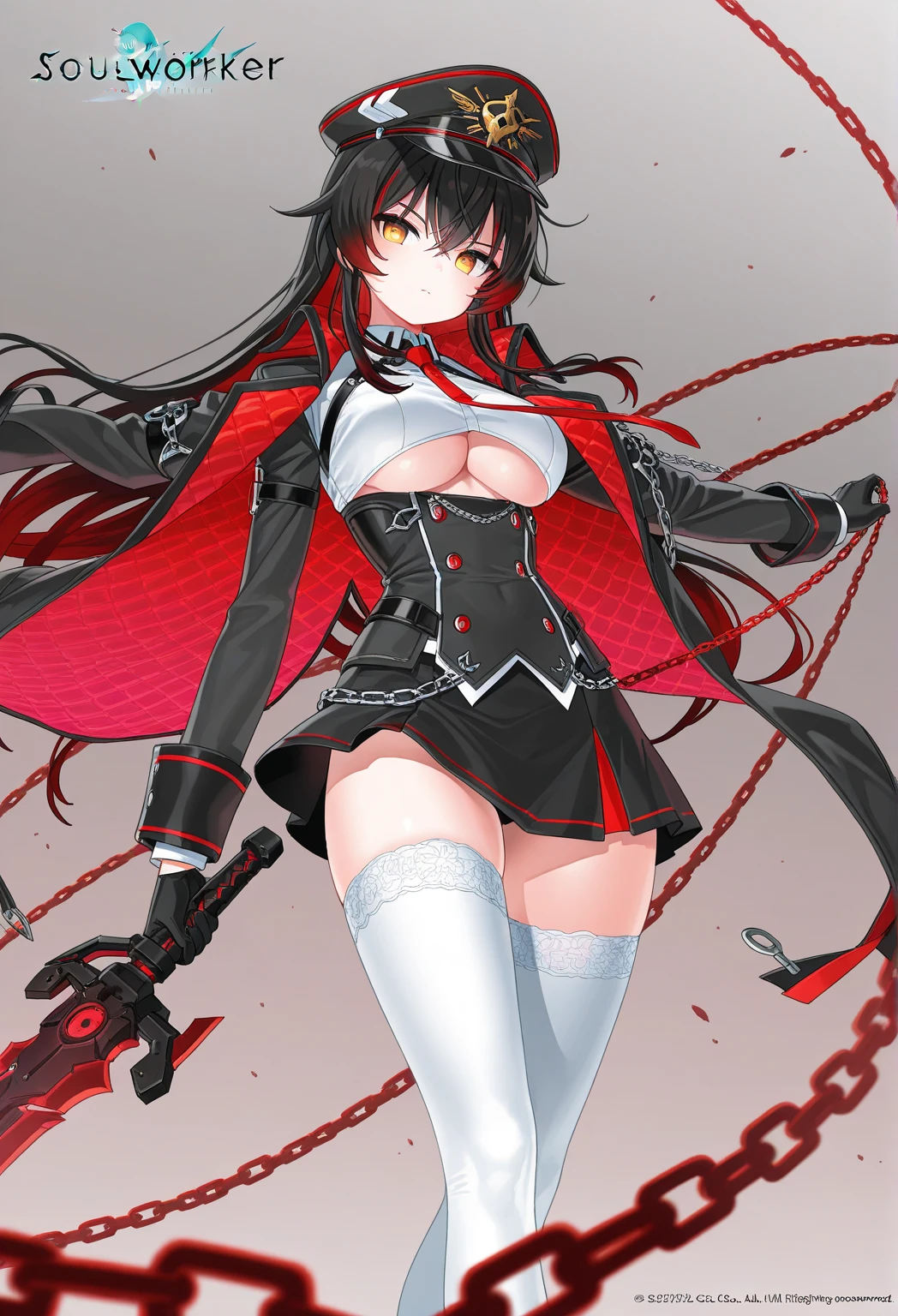 ((best quality:1.3), (high detail:1.2), masterpiece, anime)) (solo) ((black hair:1.8), (hair with red and white highlights:1.7), (very long hair)), ((heterochromia_eyes_red_and_grey:1.4)), thick thighs, huge breasts, muscular, athletic, ((cyborg body:1.3), (Cyborg arms:1.4), (Cyborg legs:1.4)), ((highcut leotard:1.8), one-piece, (red_black_outift:1.3,) cleavage), (Ninja-style Jacket:1.6), (headgear, horn-like devices:1.1), toned body, 1 woman, (age 26), ((holding sword:1.6, katana, glowing)), beautiful, sexy, first rate body, (Lucia_Crimson_Weave:1.45), Lucia