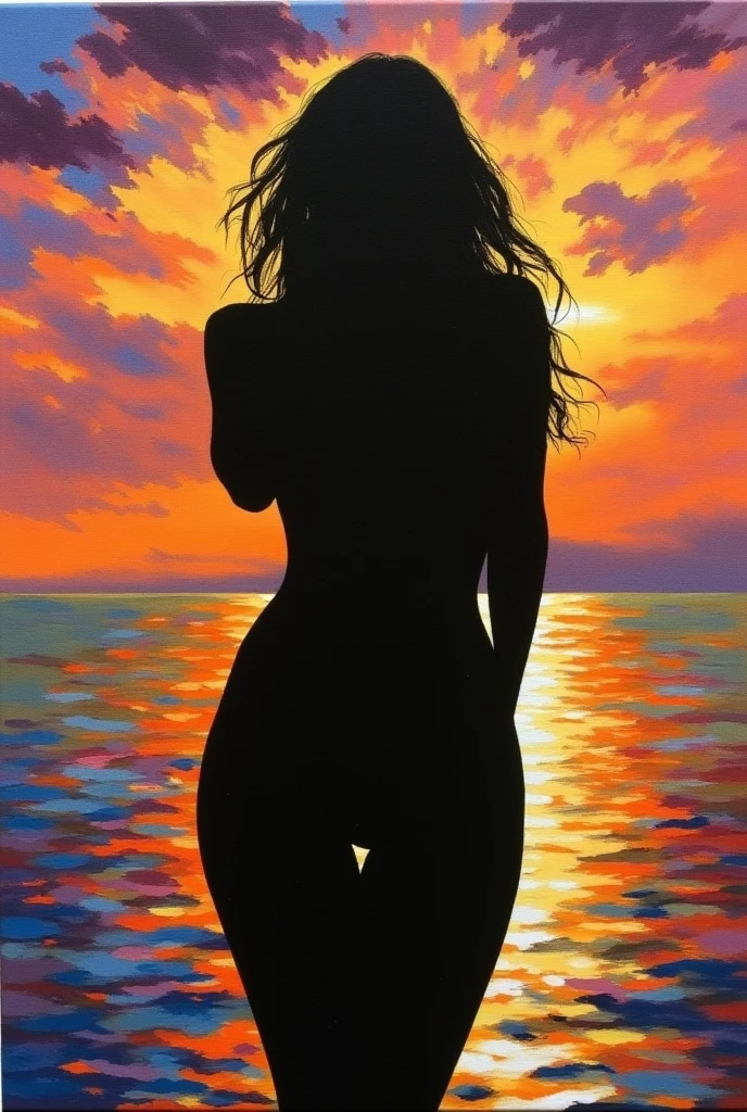 Flat papercut style detailed painting of a nude woman on the beach, lost in thought. In the background is a party on the beach. Highly detailed sunset, colorful clouds, and light reflected in the water. <lora:nudify:1> . Silhouette, clean cuts, paper, sharp edges, minimalist, color block