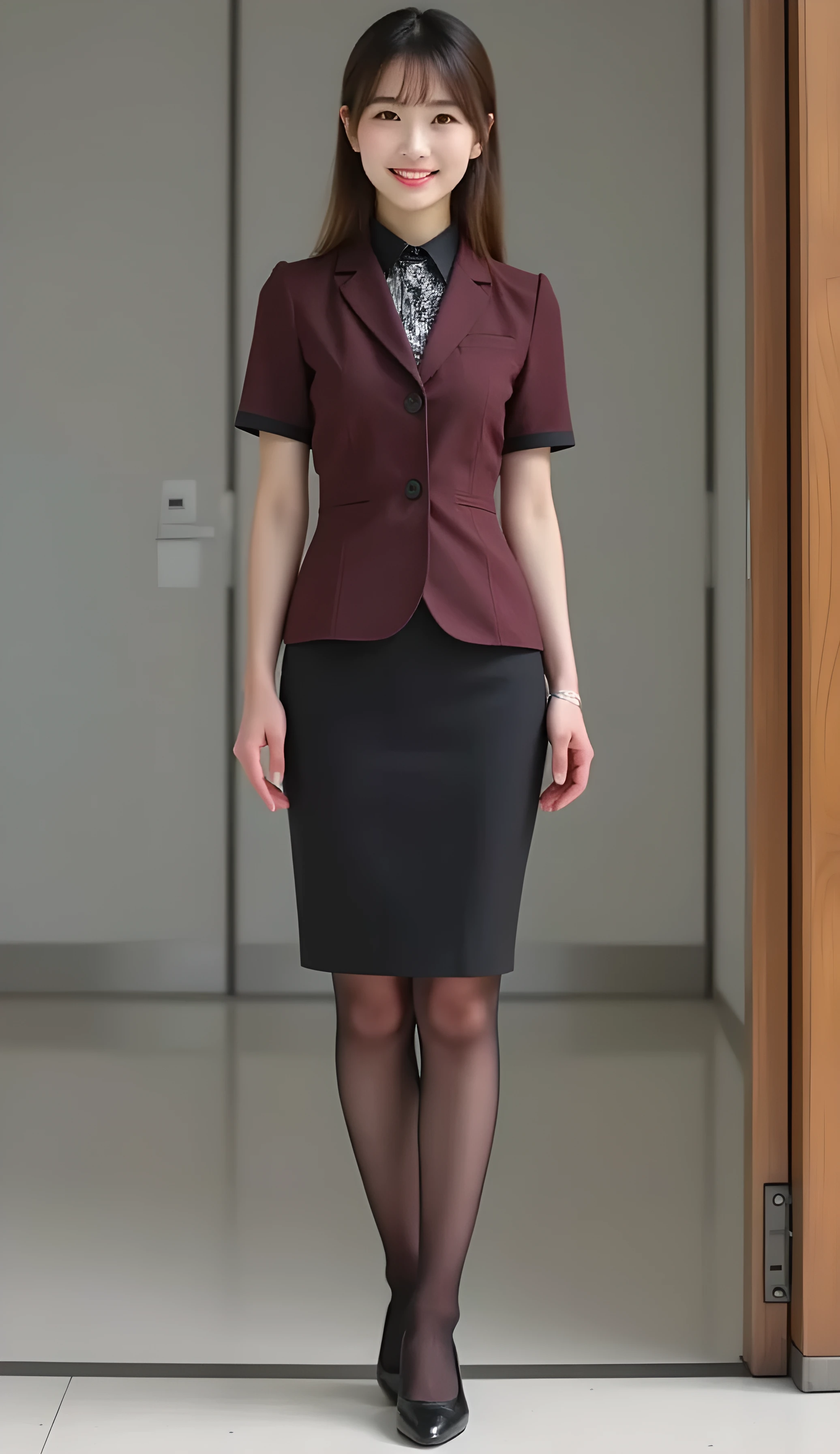       Super Real ,       Photoreal   ,    (Full body image:1.5),  She looks so happy      , shadow,           Global Illumination          , Alone, (Japanese woman in her 20s :1.5),      very beautiful、     cute smile ,    Slim,    brown hair ，　Beautiful Legs ， Long, slender legs ,       Surimi Waist   ， I'm wearing a receptionist uniform    ，I'm wearing a bus guide's uniform  ，   turn your body forward、  white hair，full body photo  ，Please take a picture up to the tip of your foot  ，wear winered pantyhose glittered on her legs  ，When the light hits stockings, they reflects beautifully.，　wearing black high heels      ，